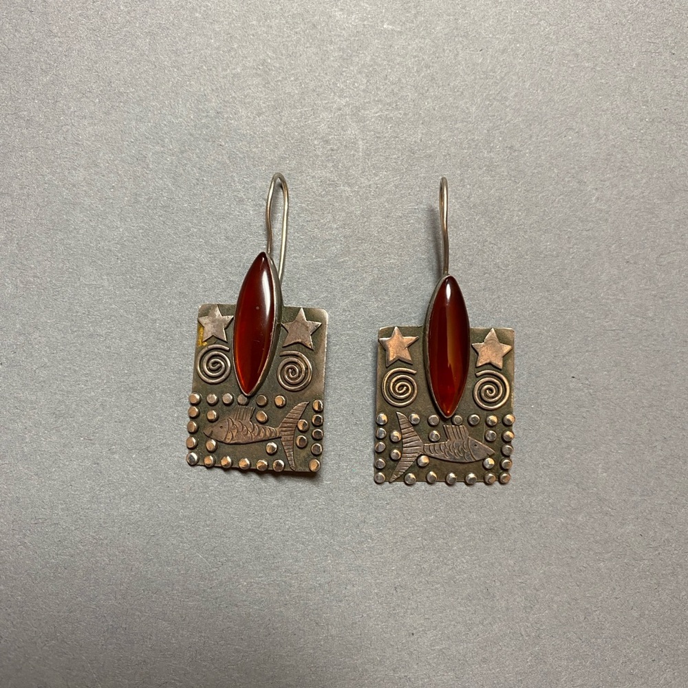 Vintage artisans fish star sterling silver carnelian boho earrings